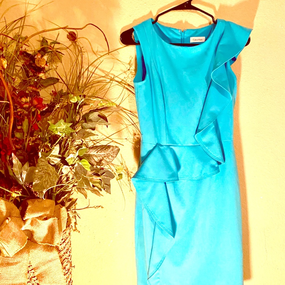 Calvin Klein Turquoise Sheath Dress With Ruffles S